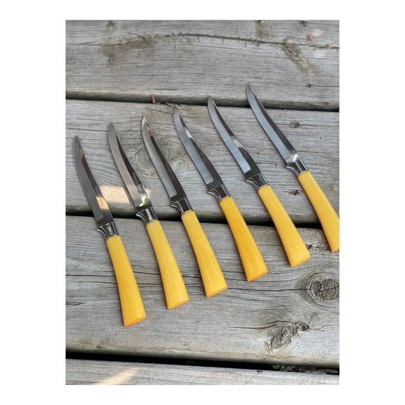 Vintage Bakelight Handle Steak Knife Set x 6 Butterscotch Washington Forge Steel - Picture 2 of 14